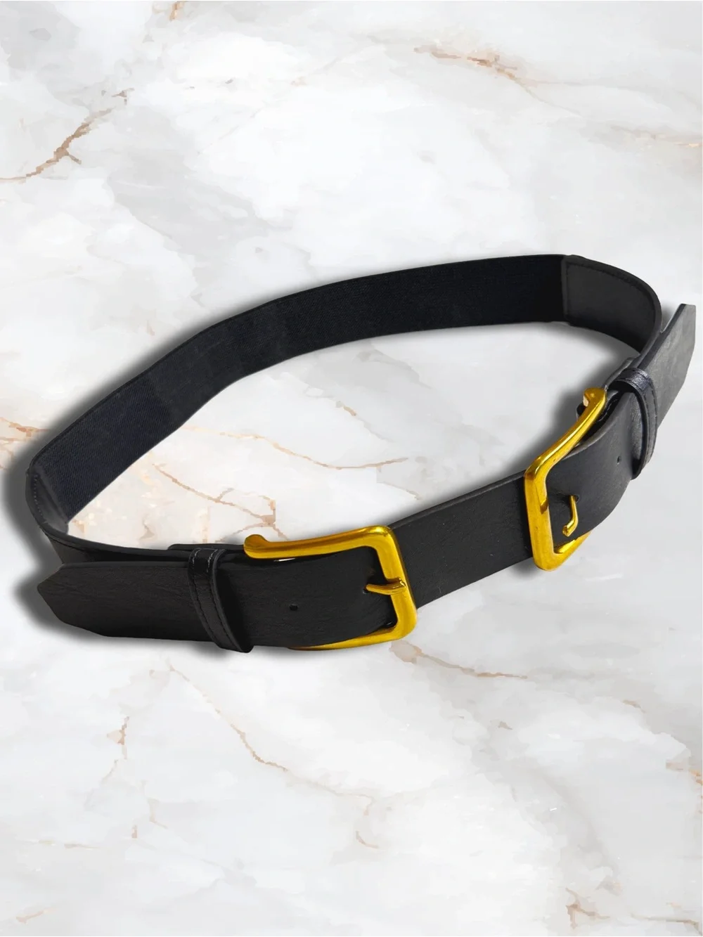 Black Waist Belt for Dressed with Gold Double Buckles in Faux Leather & Elastic